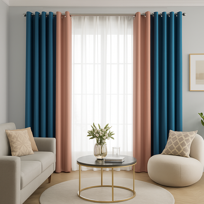 Rideaux bicolores bleu foncé et rose pâle dans un salon moderne lumineux avec canapé beige, table basse ronde dorée, et fauteuil crème.