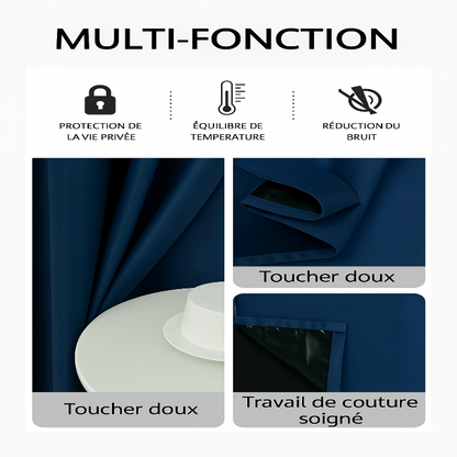 Présentation des fonctions multiples d’un rideau thermique et occultant : toucher doux, couture soignée, protection de la vie privée, réduction du bruit et isolation.