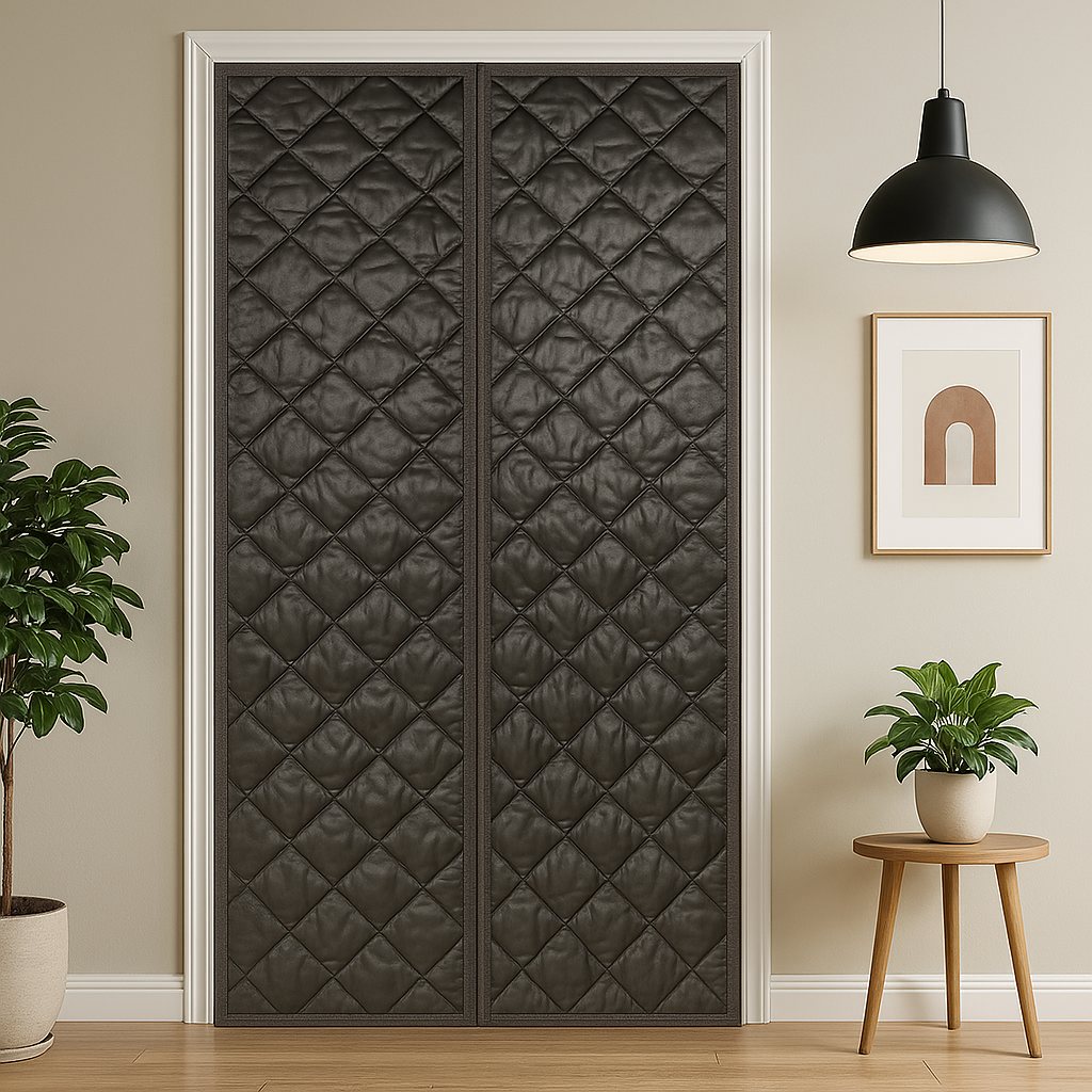 Rideau de porte matelassé marron foncé à motifs losangés, encadré par des moulures blanches dans un intérieur chaleureux, avec plante verte à gauche, lampe suspendue noire à droite, table en bois clair et cadre décoratif minimaliste au mur.
