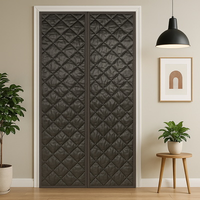 Rideau de porte matelassé marron foncé à motifs losangés, encadré par des moulures blanches dans un intérieur chaleureux, avec plante verte à gauche, lampe suspendue noire à droite, table en bois clair et cadre décoratif minimaliste au mur.