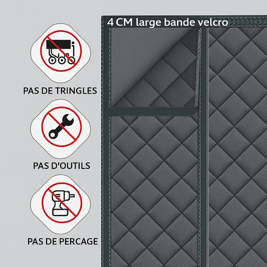 Zoom sur un rideau isolant gris foncé en tissu matelassé avec bande velcro de 4 cm. Icônes explicatives à gauche précisant : “Pas de tringles”, “Pas d’outils”, “Pas de perçage” pour l’installation.