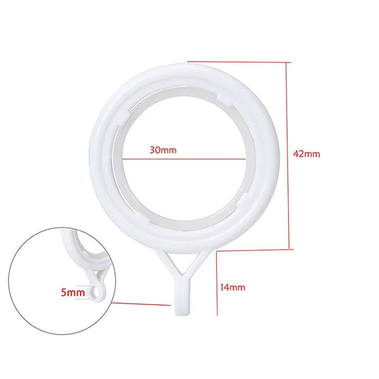 Anneau de rideau blanc en plastique avec dimensions indiquées : diamètre intérieur 30 mm, diamètre extérieur 42 mm, crochet de 14 mm, anneau silencieux pour tringle à œillets.