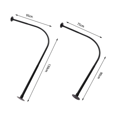 Deux modèles de tringles de douche d’angle noire en forme de L avec des dimensions de 95x130 cm et 75x90 cm affichées en centimètres