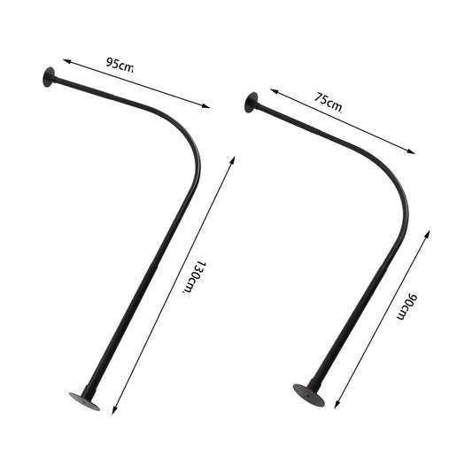 Deux modèles de tringles de douche d’angle noire en forme de L avec des dimensions de 95x130 cm et 75x90 cm affichées en centimètres