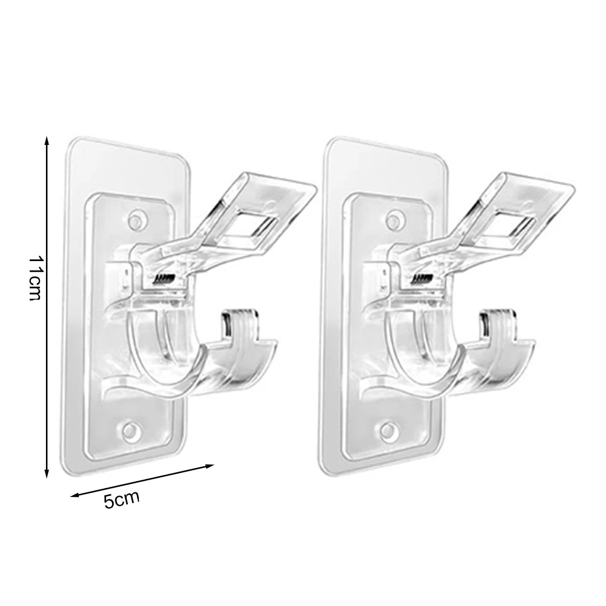 Deux supports de tringle transparents avec dimensions : 11 cm de haut, 5 cm de large, parfaits pour tringles standards.
