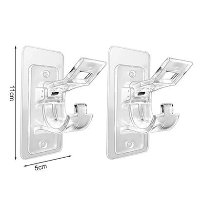 Deux supports de tringle transparents avec dimensions : 11 cm de haut, 5 cm de large, parfaits pour tringles standards.