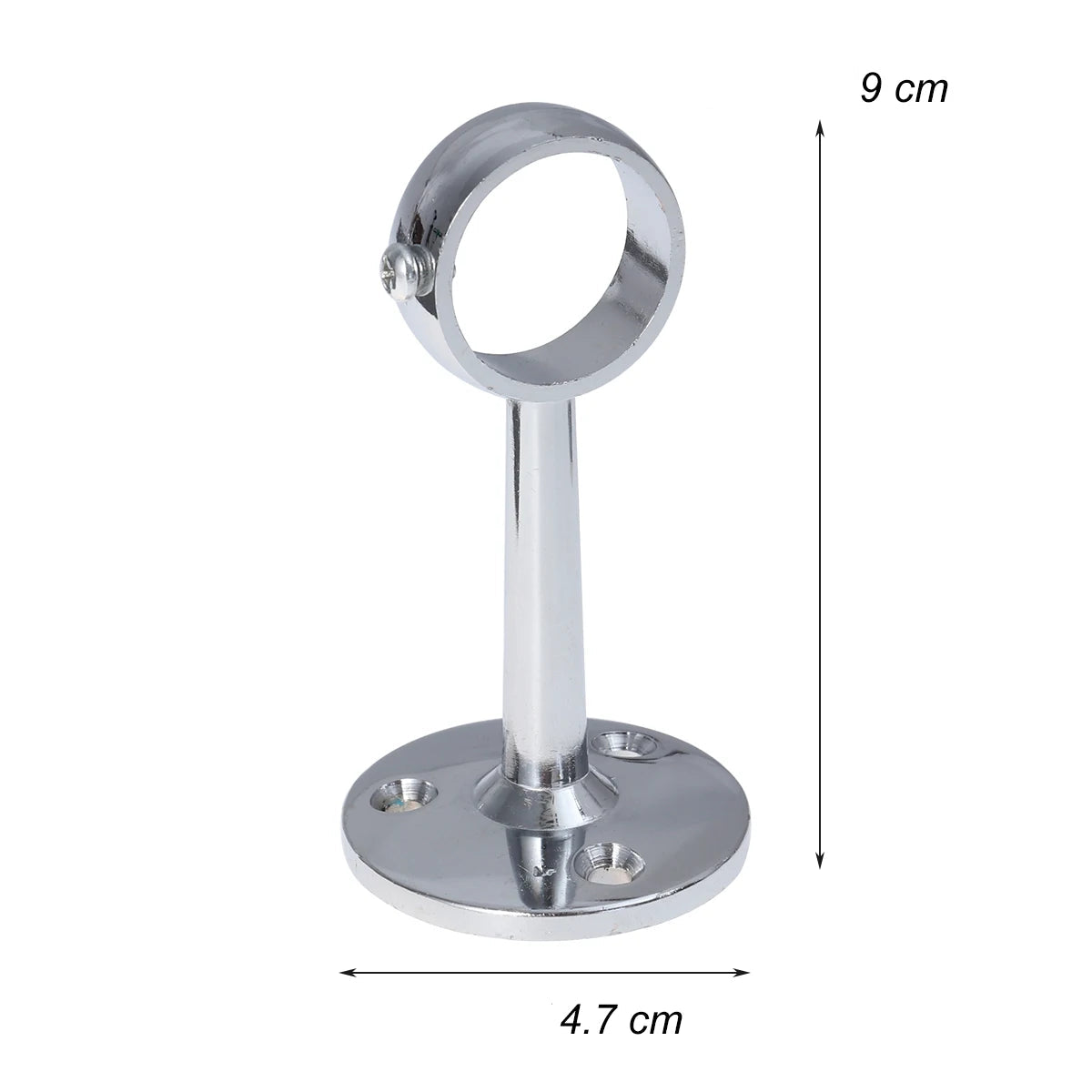 Support mural chromé avec dimensions indiquées : 9 cm de hauteur et 4,7 cm de largeur à la base.