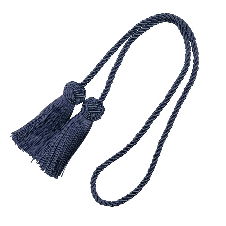 Embrasse rideau bleu nuit en corde torsadée avec deux pompons, parfaite pour un style moderne et sophistiqué.