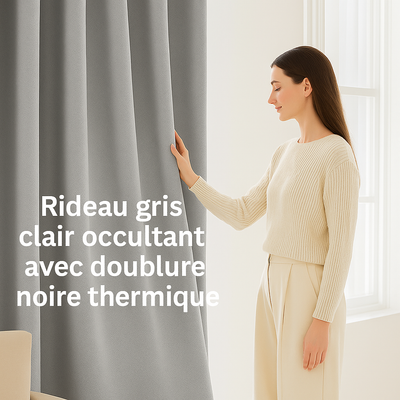 Jeune femme touchant un rideau gris clair occultant avec doublure noire thermique dans une pièce lumineuse, ambiance chaleureuse et élégante.