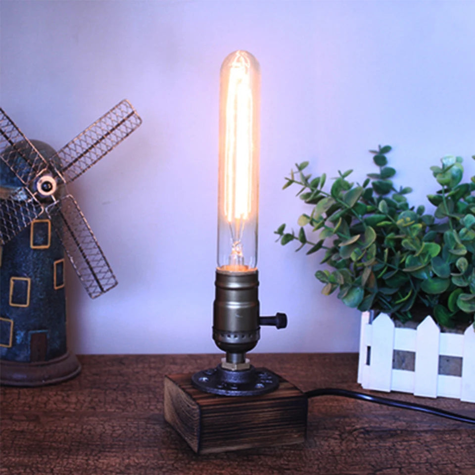 lampe table industrielle rétro variateur bois métal vieilli transparent bronze noir