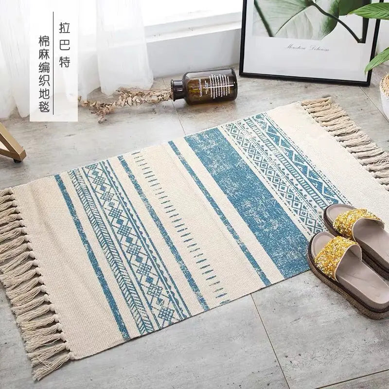 tapis géométrique boho beige noir triangles losanges antidérapant lavage machine main chambre salon prière