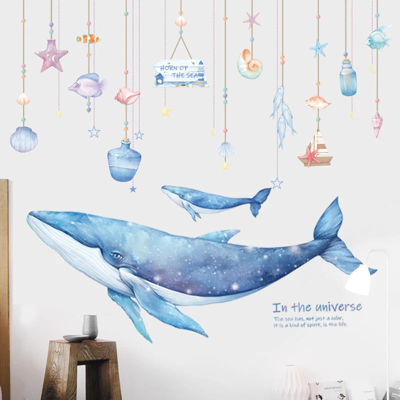 sticker mural baleine marine corail étoile mer enfant aquatique aquarelle transparent adhésif