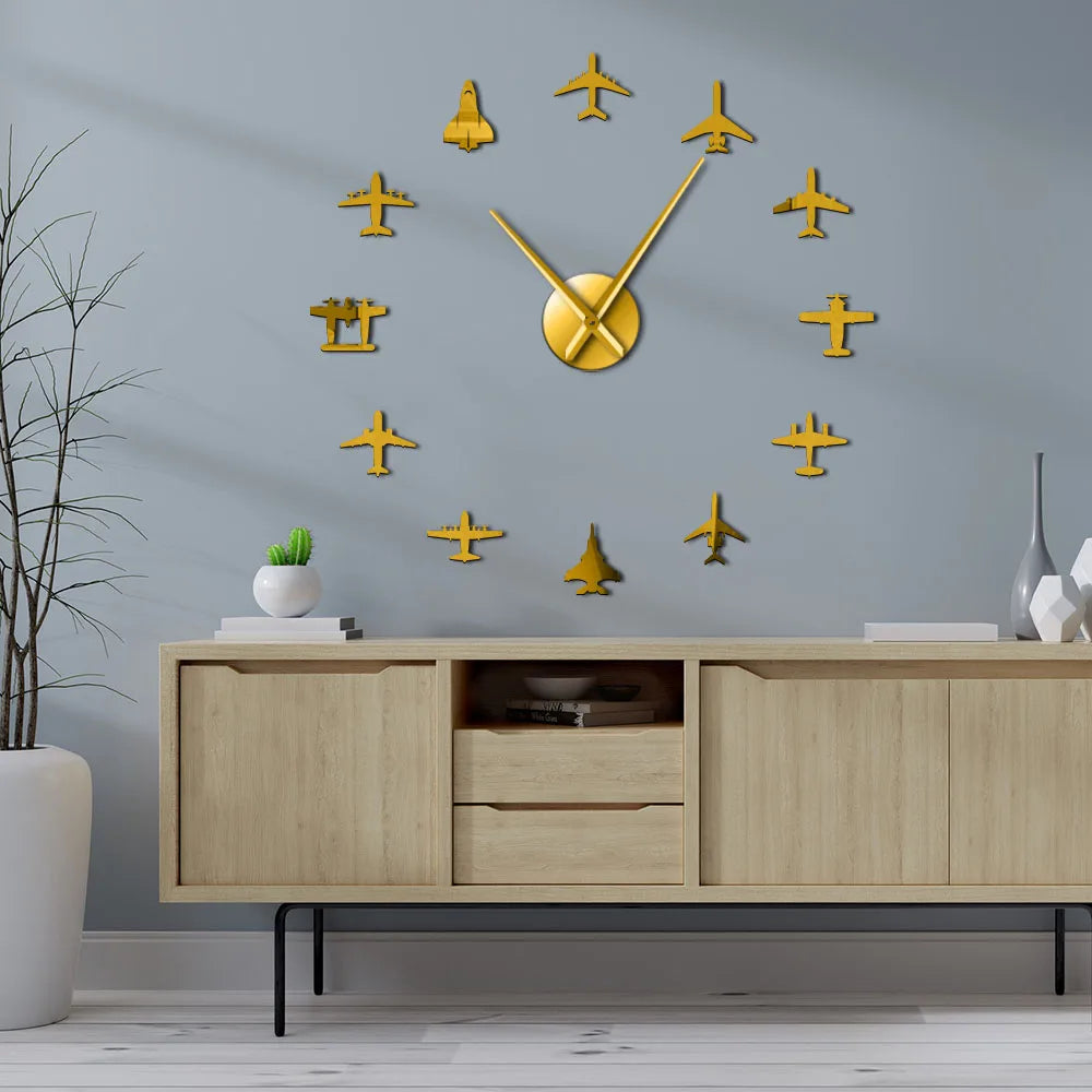 Horloge murale acrylique 3D avion de chasse effet miroir argent