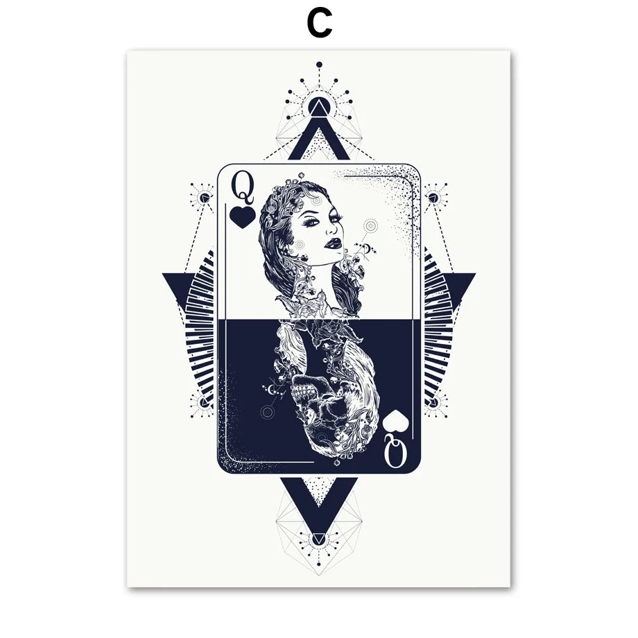 Cette image représente une illustration abstraite d'une femme aux cheveux ondulés, encadrée dans un motif géométrique orné de symboles mystiques.