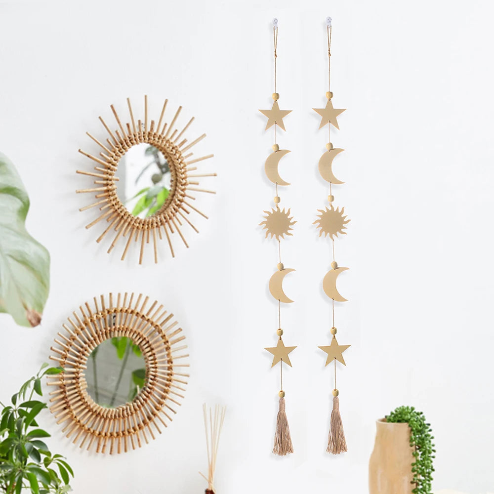décoration murale bois lunes étoiles or noir boho chic tassel chambre salon