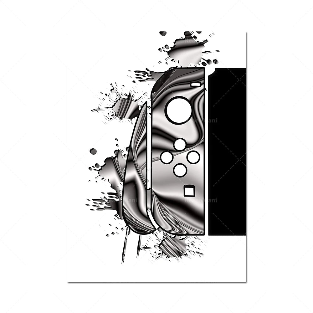 Une composition abstraite et monochromatique aux formes fluides et dynamiques, mêlant des éléments graphiques géométriques et des éclaboussures de couleur.