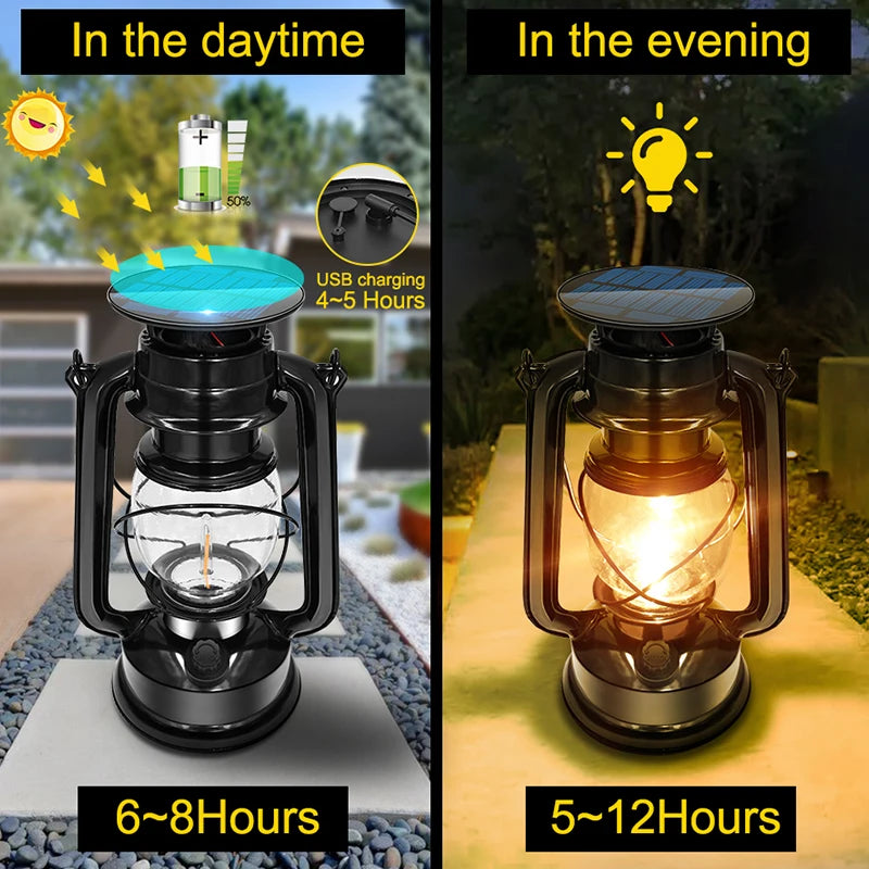lanterne solaire vintage verre transparent métal noir camping extérieur led recharge usb
