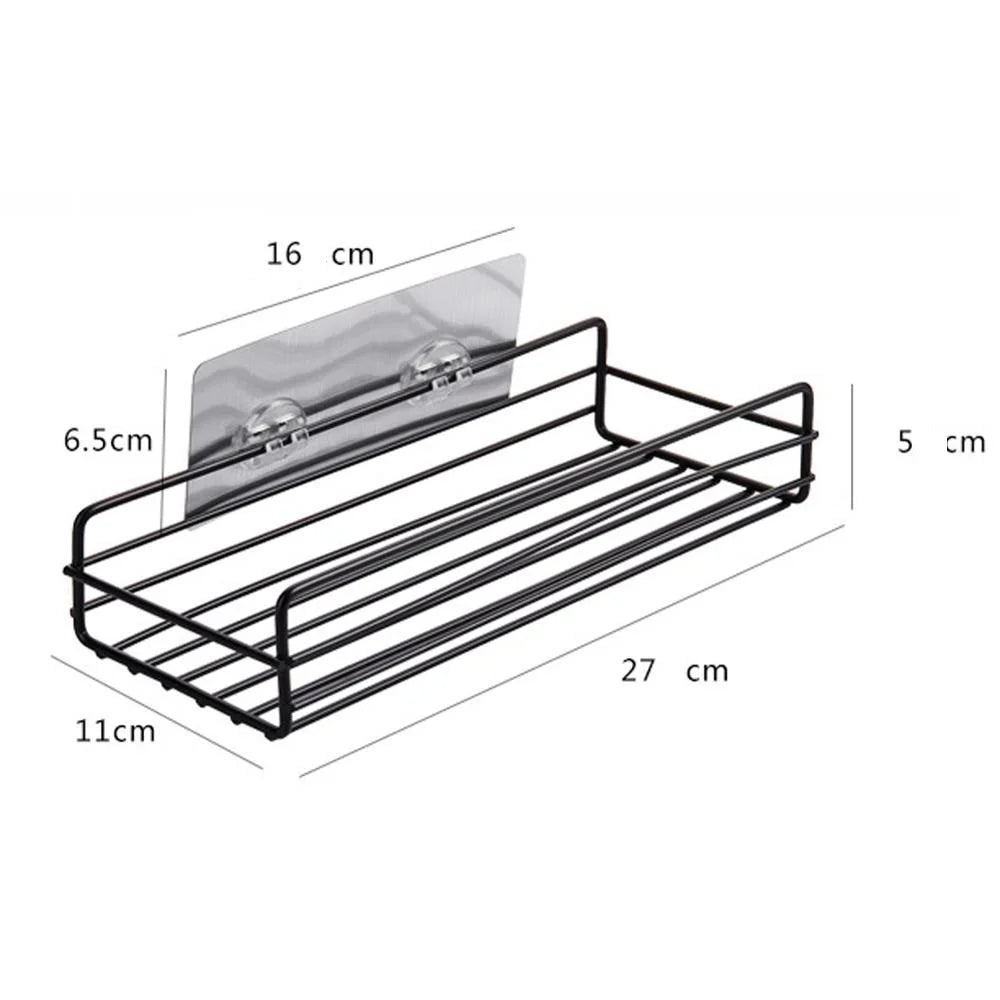étagère salle bain moderne adhésive noir grille métallique rangement bouteilles cosmétiques flacons pots boîtes