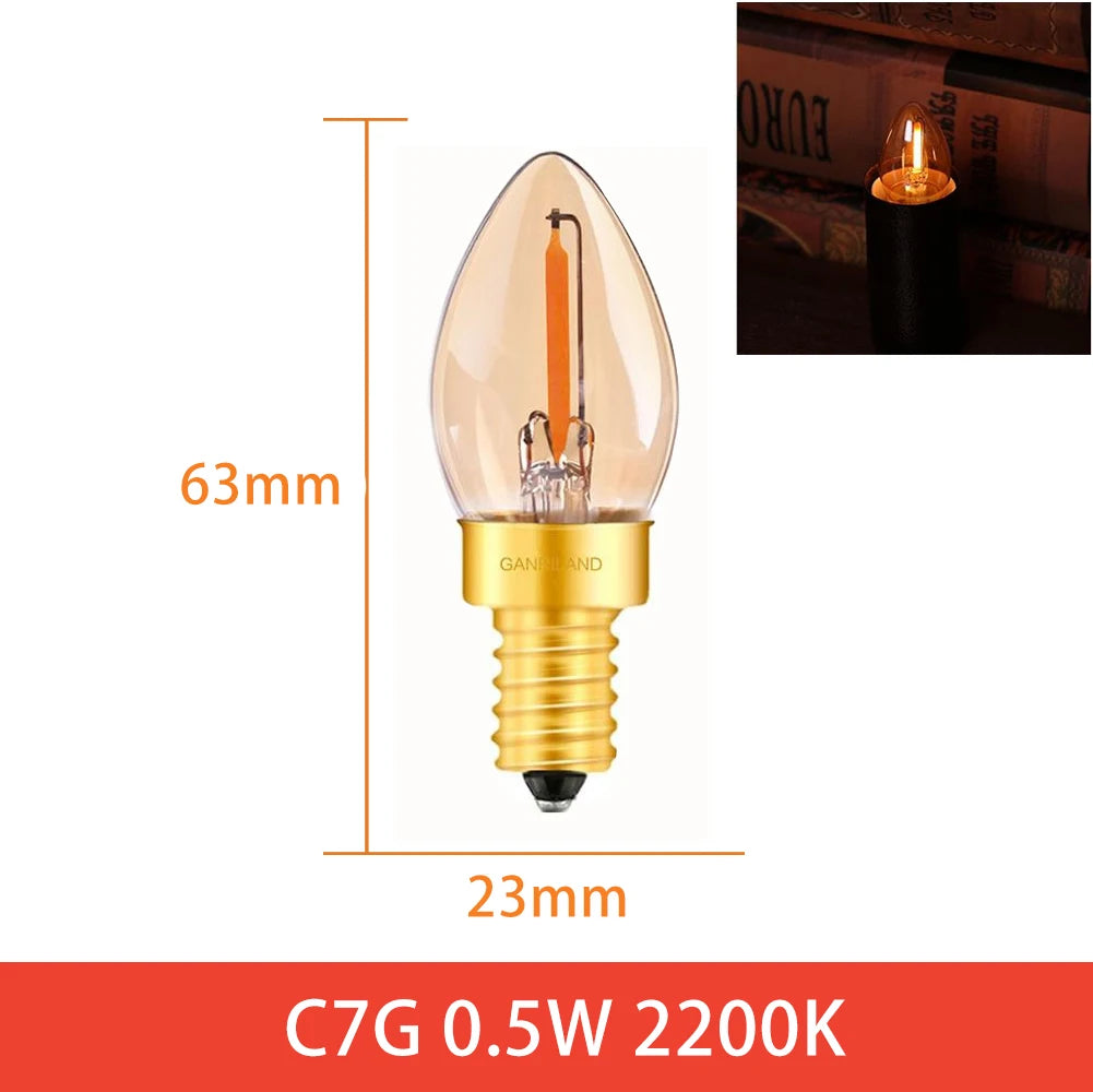 ampoules led filament vintage transparentes dorées opalescentes e14 60 lumens 25000hrs
