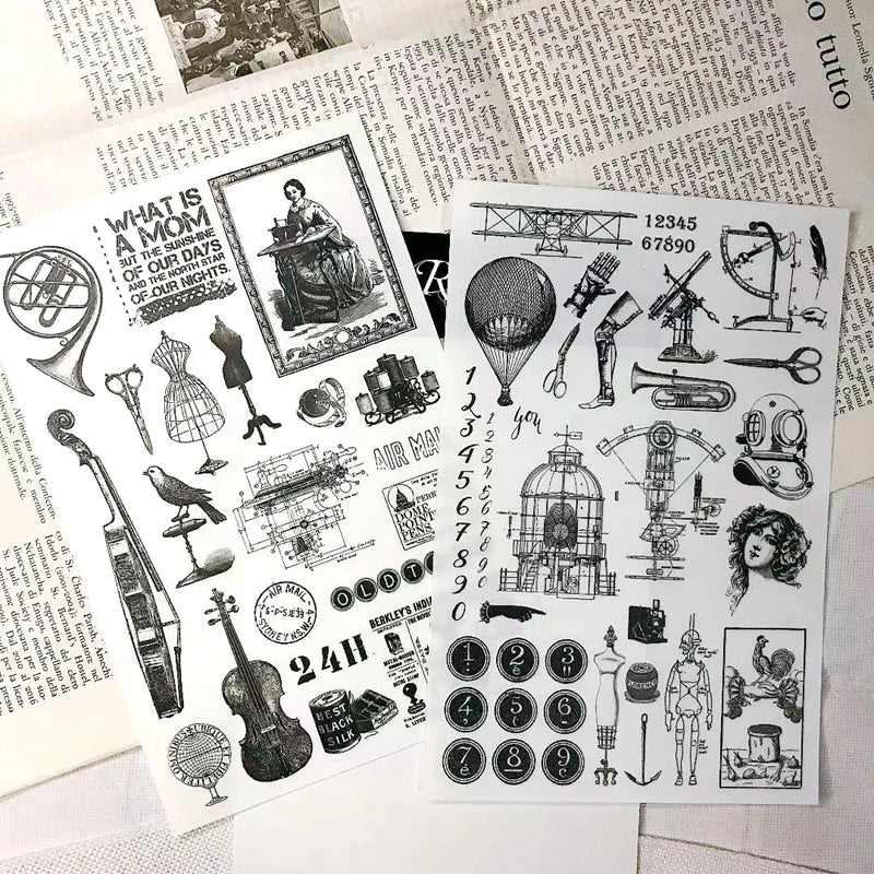 sticker vintage noir blanc illustration objet musique numéro décoration artisanat scrapbooking collage