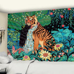 tapisserie murale animaux jungle tigre fleurs mystérieuses multicolore vert orange noir blanc decoration chambre