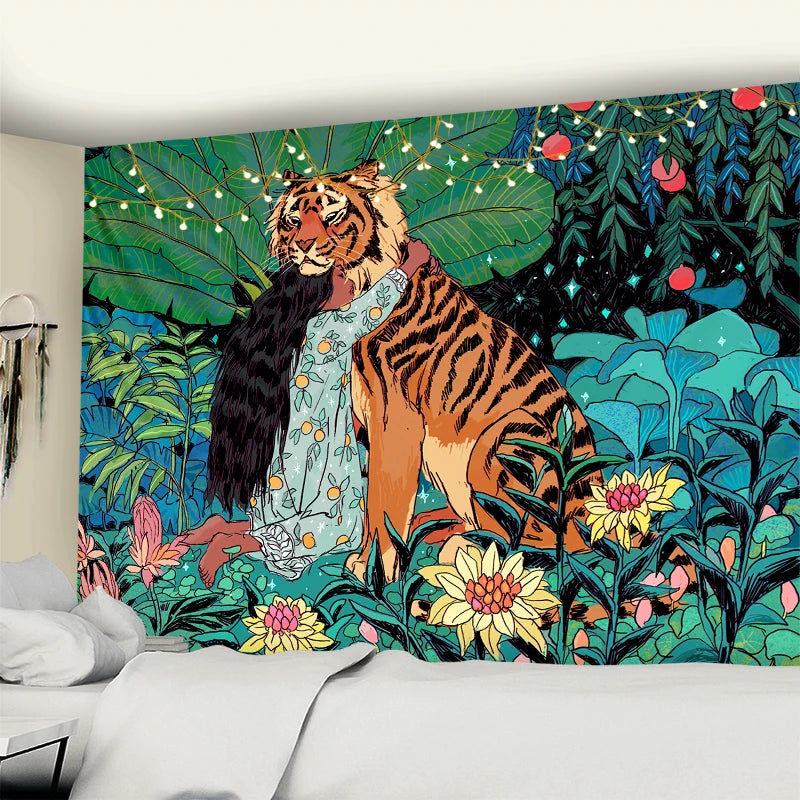 tapisserie murale animaux jungle tigre fleurs mystérieuses multicolore vert orange noir blanc decoration chambre