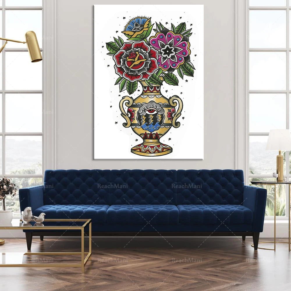 La toile présente un motif floral stylisé avec des fleurs colorées dans un vase décoratif, créant une image artistique et ornementale pour décorer l'espace.