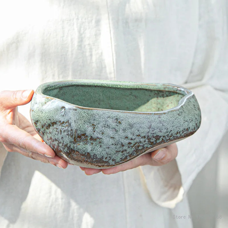 bassin céramique artisanal texture marbrée couleur vert gris durable plante verte