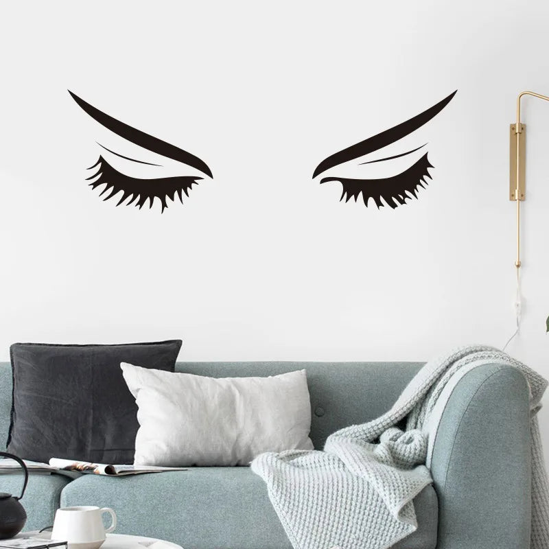 sticker mural minimaliste ombres yeux cils noirs adhésif salon chambre decoration pvc moderne