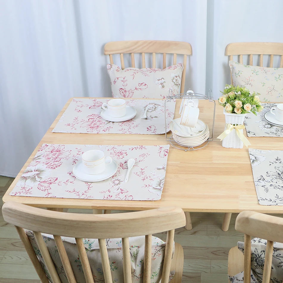 serviettes table rectangulaires coton polyester fleurées beige noir rose clair farmhouse vintage respectueux environnement
