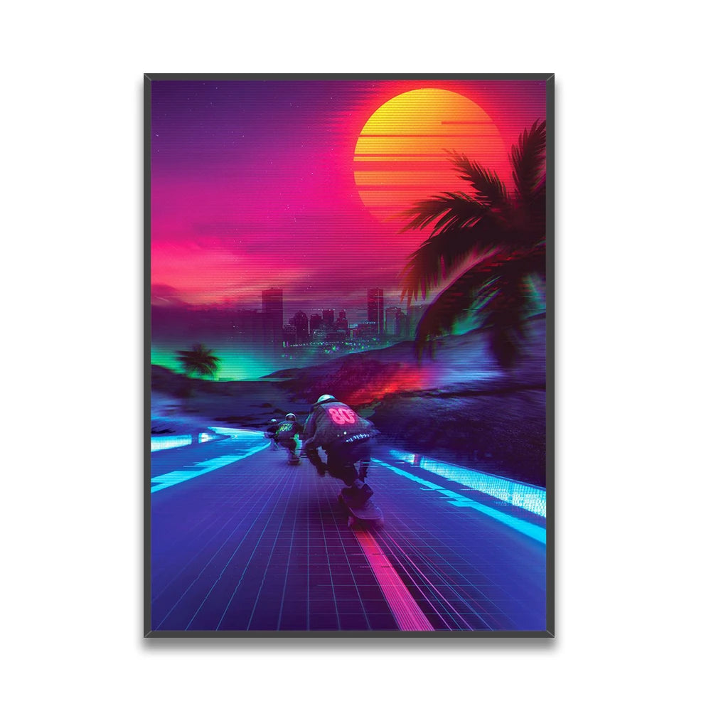 Une scène de surf sous un ciel crépusculaire aux couleurs vives, avec une silhouette de surfeur glissant sur des vagues éclairées par un soleil couchant flamboyant.