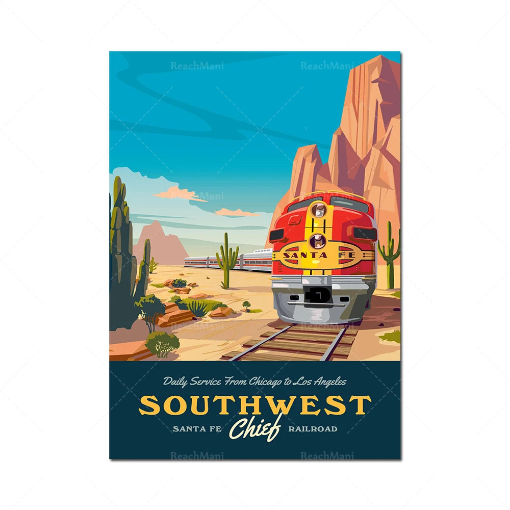 Un train rouge et jaune traverse un paysage désertique avec des montagnes et des cactus dans le sud-ouest des États-Unis.