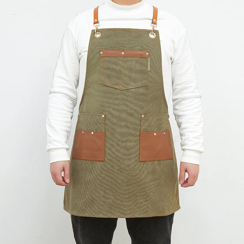 tablier cuisine toile coton poches cuir boucles travail professionnel