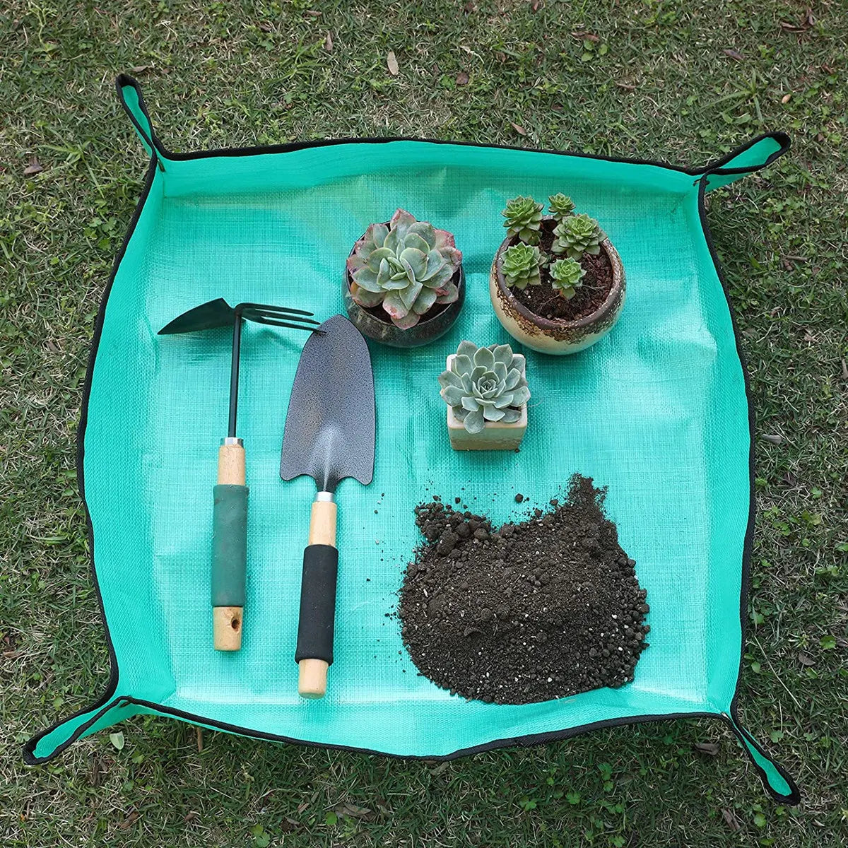 tapis jardinage vert texture tissée moderne imperméable paires gants pinces pots plantes