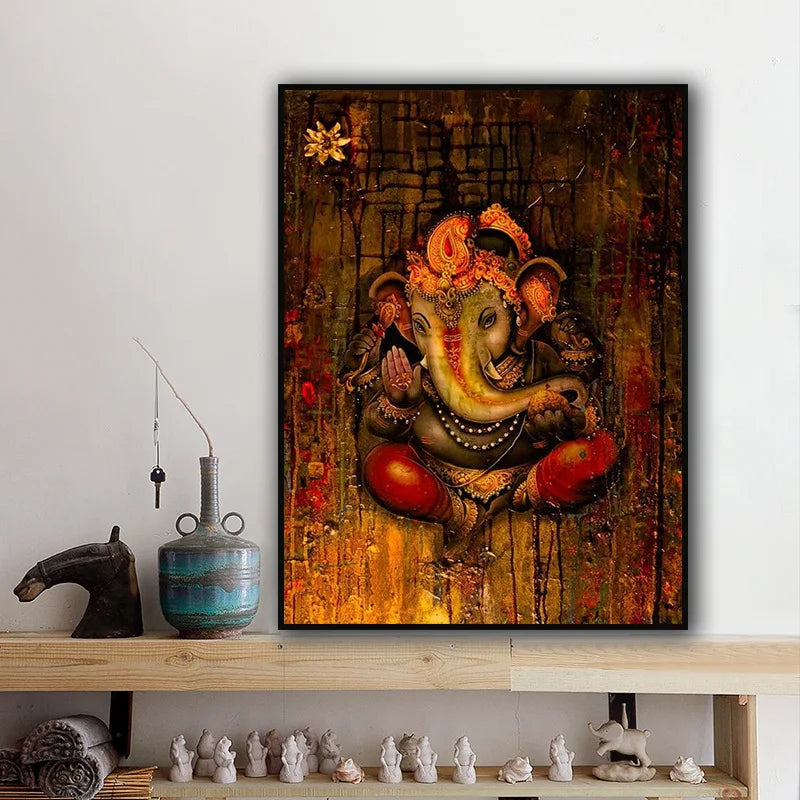 peinture toile religieuse thème hindou animal multicolore détails floraux art contemporain cadre miroir sans