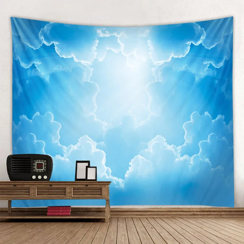 Détail du motif ciel bleu et nuages blancs sur tissu polyester