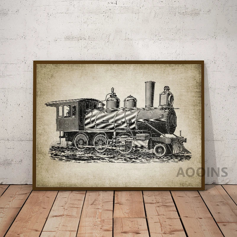affiche imprimée vintage trains historiques illustration monochrome salon chambreOpaque