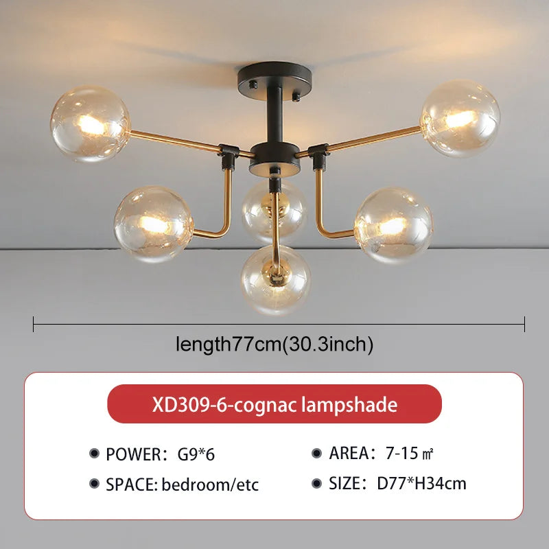lampe suspension moderne sphères translucides structure dorée salon blanc nordique