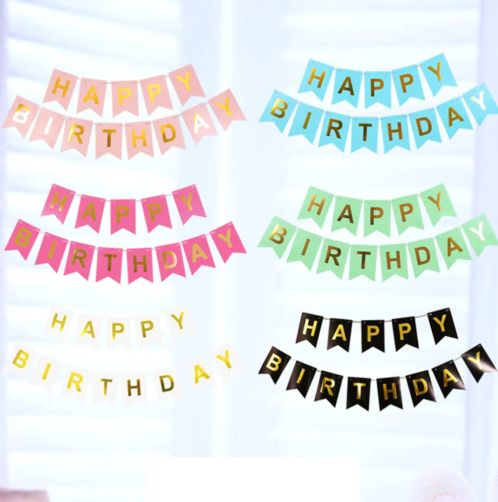 guirlande festivités anniversaire fanions lettres happy birthday couleurs rose bleu vert festive