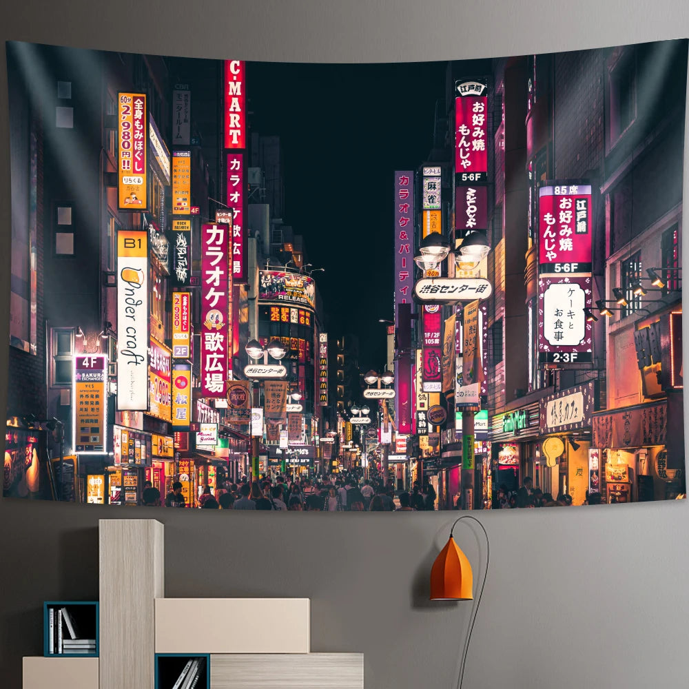 Détail du motif imprimé vie nocturne sur tenture murale en polyester