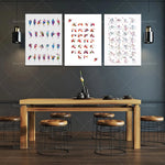 L'image montre une salle à manger avec une table en bois, des tabourets noirs et trois affiches colorées représentant des signes de la langue des signes.