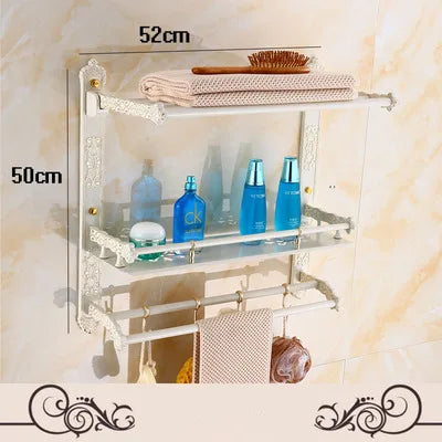 étagère salle bain blanc doré ornements sculptés finition art déco porte serviettes savon brosse
