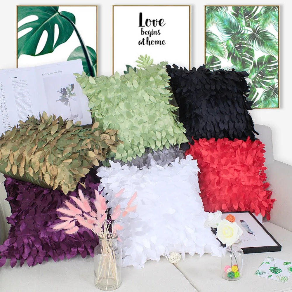 coussin carré brodé motif feuilles moderne poly couleur gris vert rouge violet