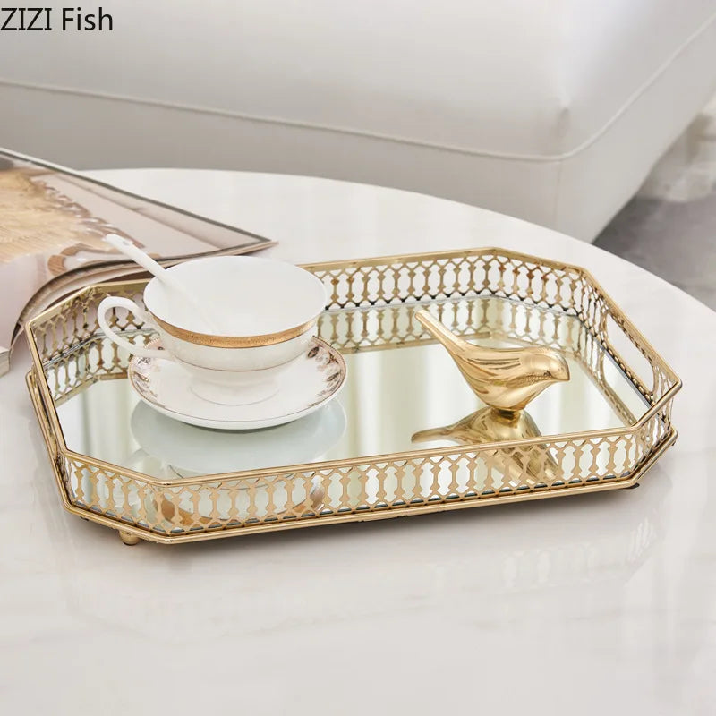 plateau verre miroir doré ajouré transparent classique élégant rangement bijoux fruit hexagonal rond large