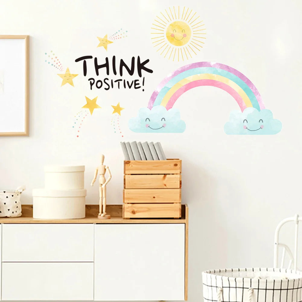 Stickers adhésifs murals dessin animé arc ciel soleil multicolore chambre enfants pastel cartoon