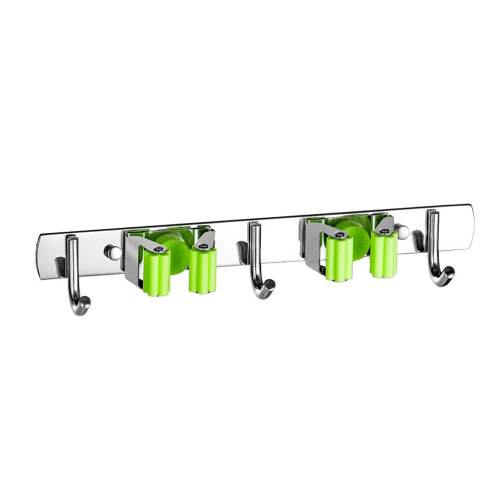 porte balais argenté vert clair adhésif mur moderne hooks rangement outils nettoyage