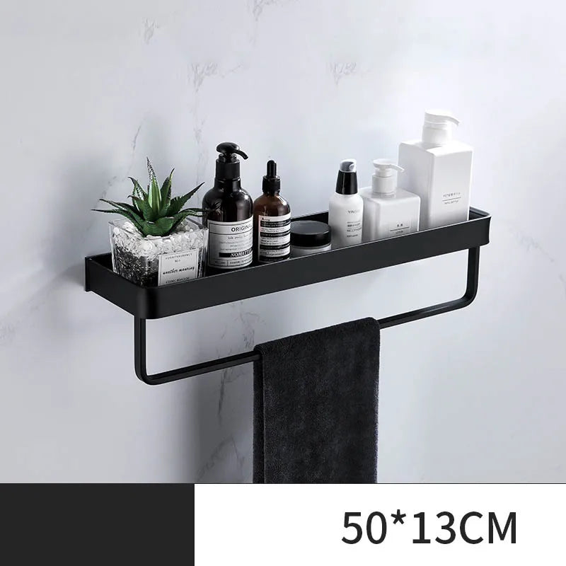étagère salle bain double niveau murale alliage aluminium noir lisse moderne serviettes pots crèmes
