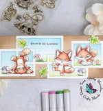 carte postale créative illustrations renards champignons oiseaux textes floraux blanc beige vert orange bleu