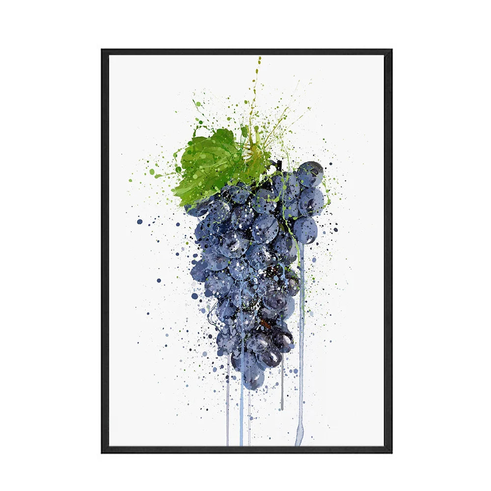 Une grappe de raisins bleus éclaboussés de couleurs vives dans un cadre minimaliste.