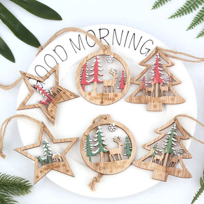 Lot de 6 décorations de Noël vintage en bois imprimé creux - étoile, arbre, boule